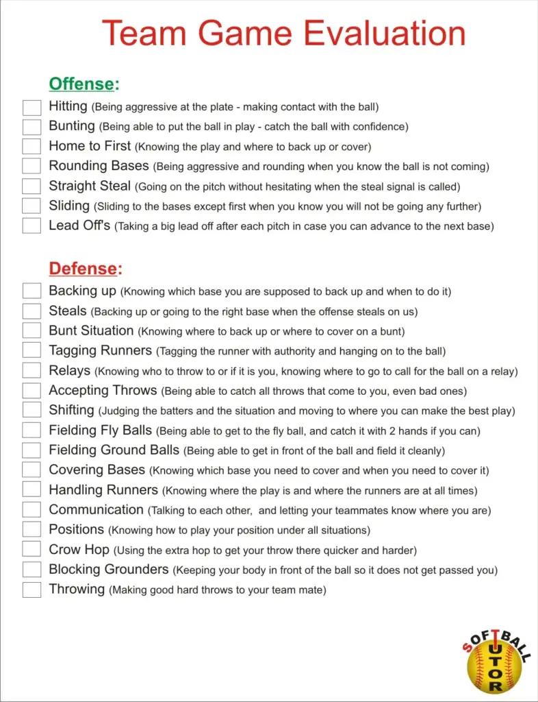 Basic Softball Game Evaluation Sheet