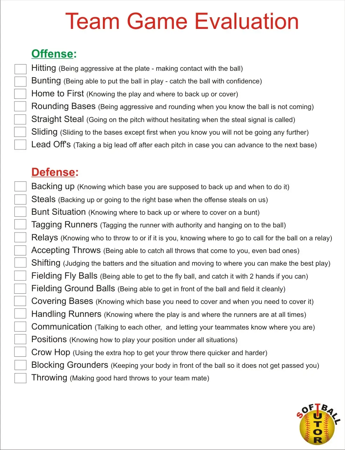 Basic Softball Game Evaluation Sheet2